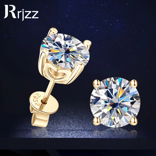 Rrjzz 1CT 2CT D VVS1 Moissanite Diamond Stud Ear for Women with Certificate Classic 100% 925 Pure Silver Party Earrings Jewelry