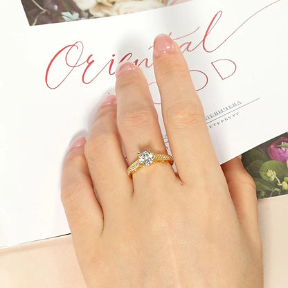 Rrjzz Round Cut Main Stone 1CT CZ Simulated Diamond Rings Classic 14k Gold Plated Engagement Ring For Women Fine Jewelry Gifts