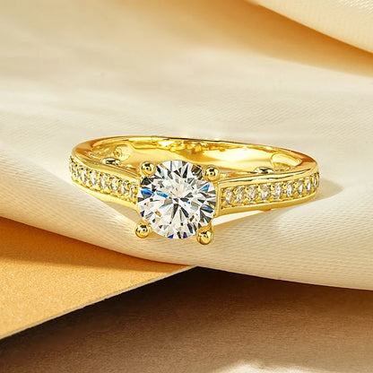 Rrjzz Round Cut Main Stone 1CT CZ Simulated Diamond Rings Classic 14k Gold Plated Engagement Ring For Women Fine Jewelry Gifts