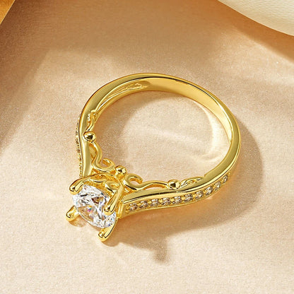 Rrjzz Round Cut Main Stone 1CT CZ Simulated Diamond Rings Classic 14k Gold Plated Engagement Ring For Women Fine Jewelry Gifts