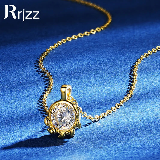 Rrjzz 925 Sterling Silver Exquisite Olive Leaf Pendant Necklace D 6.5mm Round Moissanite Solitaire Women Necklace Jewelry Gift