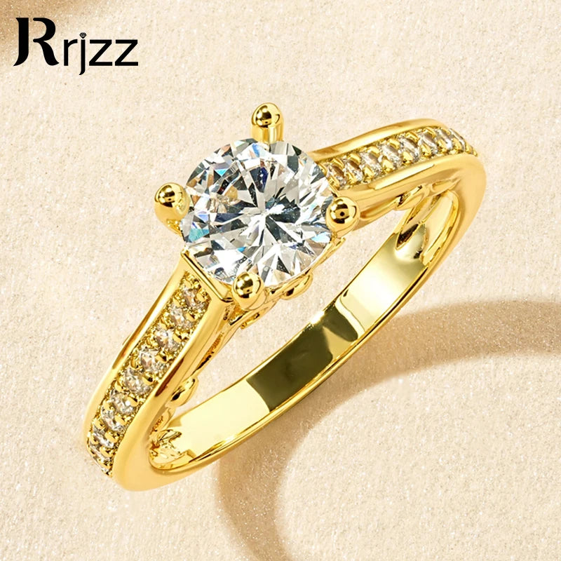 Rrjzz Round Cut Main Stone 1CT CZ Simulated Diamond Rings Classic 14k Gold Plated Engagement Ring For Women Fine Jewelry Gifts